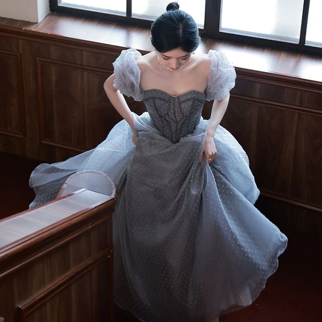 Evening Puff-Sleeve Dotted A-Line Gown