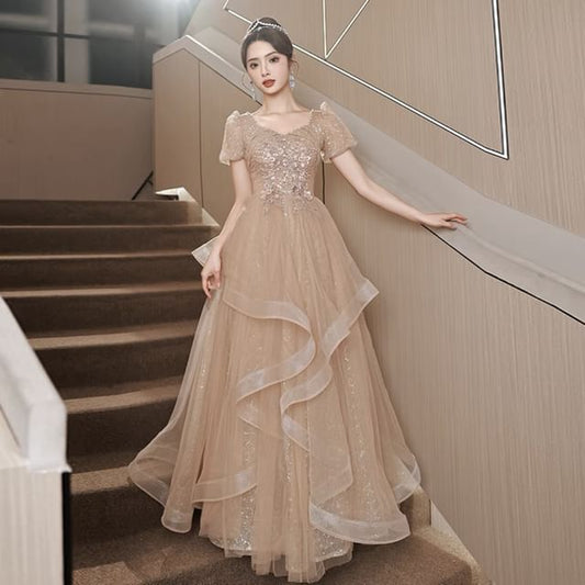 Flower A-Line Puff-Sleeve Evening Ruffle Embroidered Sequin Gown