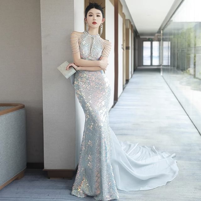 Strappy Gown Evening Bow Halter Mermaid Back Sequin