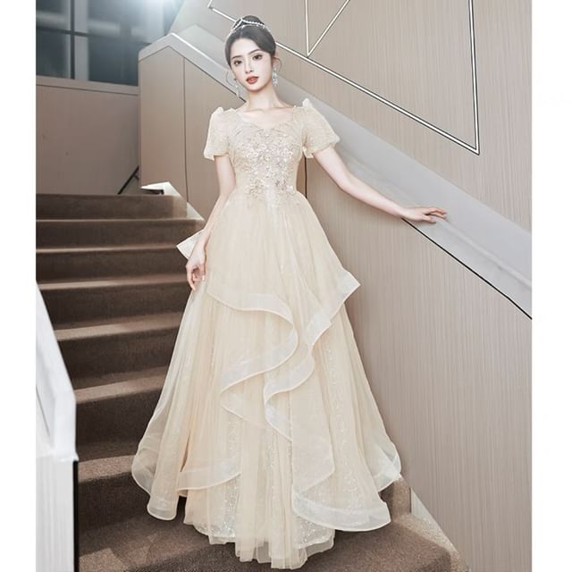 Flower A-Line Puff-Sleeve Evening Ruffle Embroidered Sequin Gown