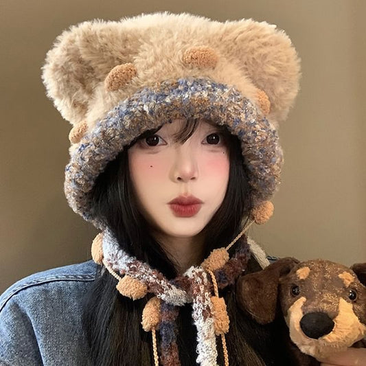 Bear Fluffy Ear Knit Panel Hat