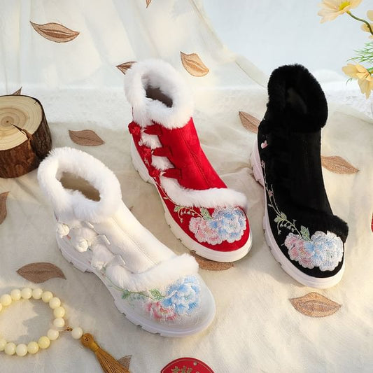Embroidery Lace-Up Boots Furry Trim Short Floral