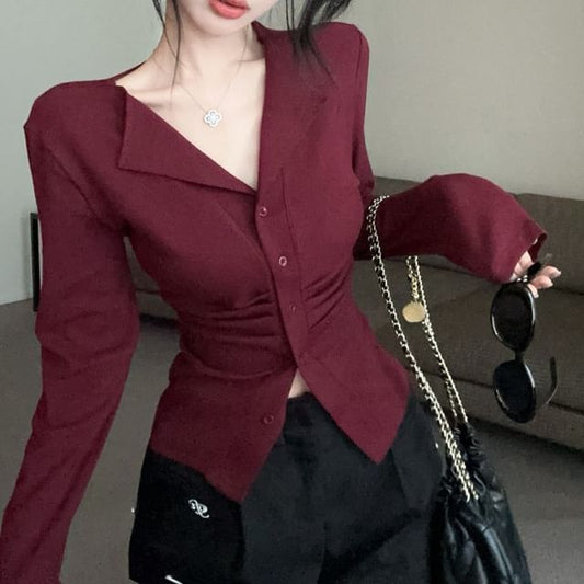Long V-Neck Top Button Plain Ruched Sleeve
