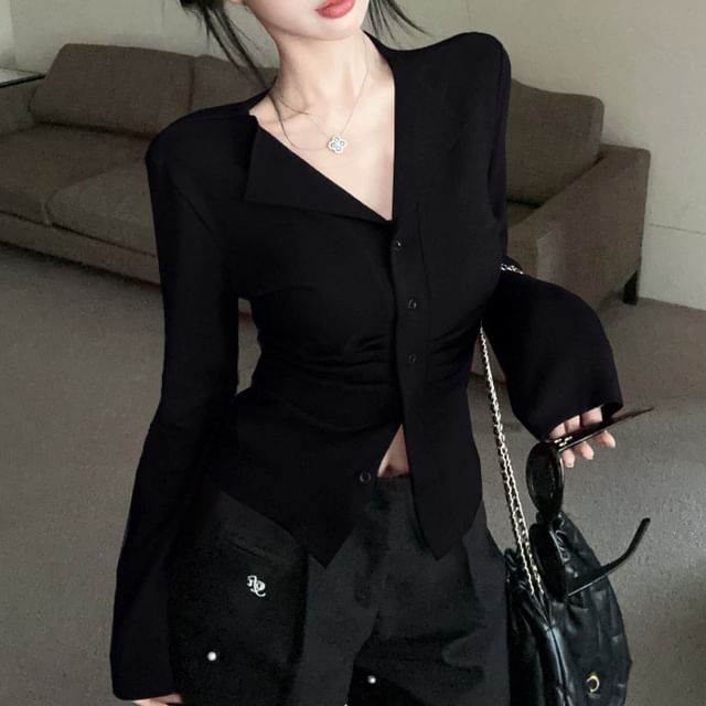 Long V-Neck Top Button Plain Ruched Sleeve