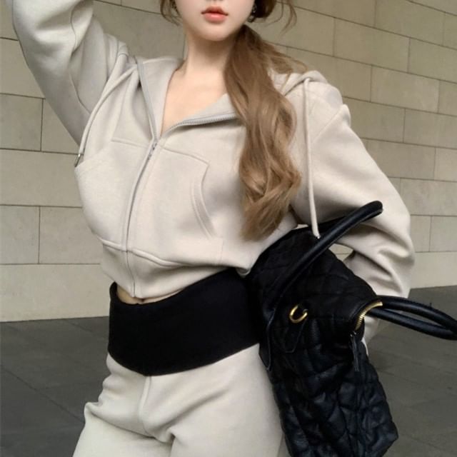 Plain Sweatpants Drawstring / High Hoodie Two Rise Tone Crop Zip Bootcut