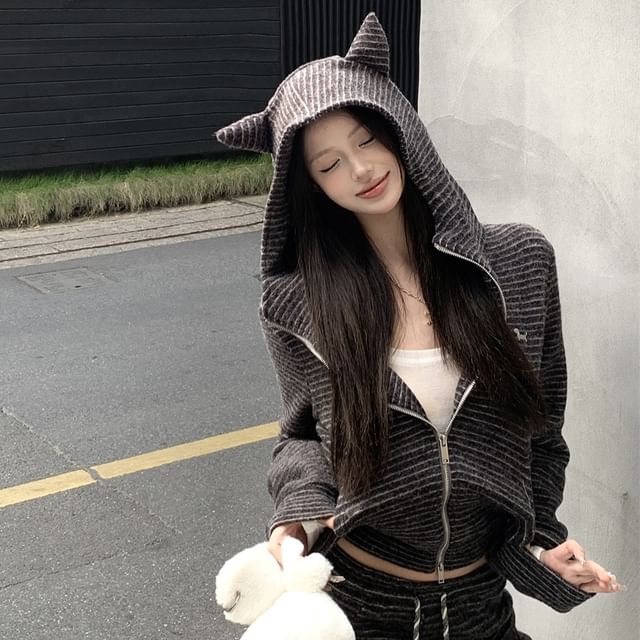 Accent Horn Zip Devil Bootcut Striped Waist Hoodie Crop Sweatpants / Drawstring