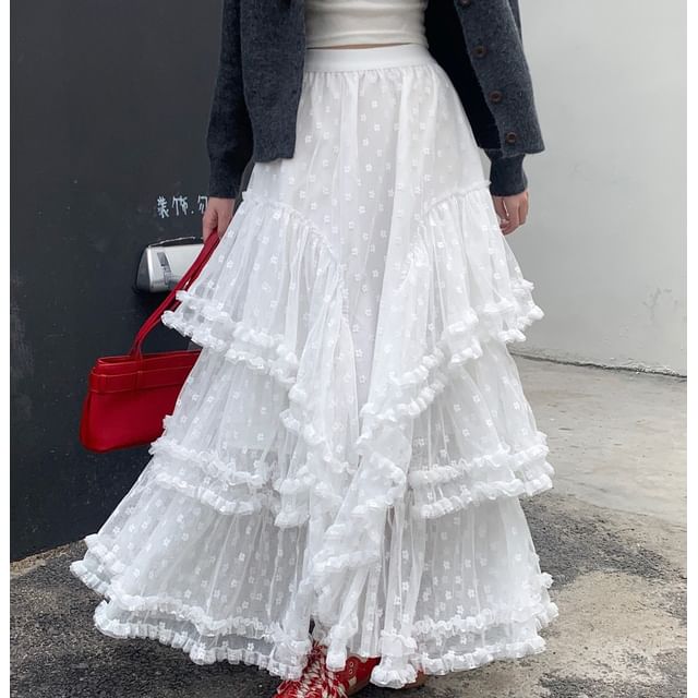 High A-Line Asymmetrical Floral Maxi Skirt Ruffle Rise