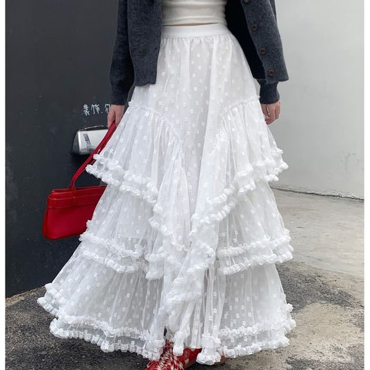 High A-Line Asymmetrical Floral Maxi Skirt Ruffle Rise