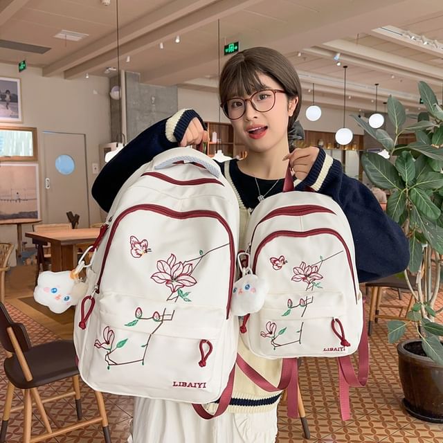 Backpack Nylon Charm Embroidered Laptop Floral Bag Set /