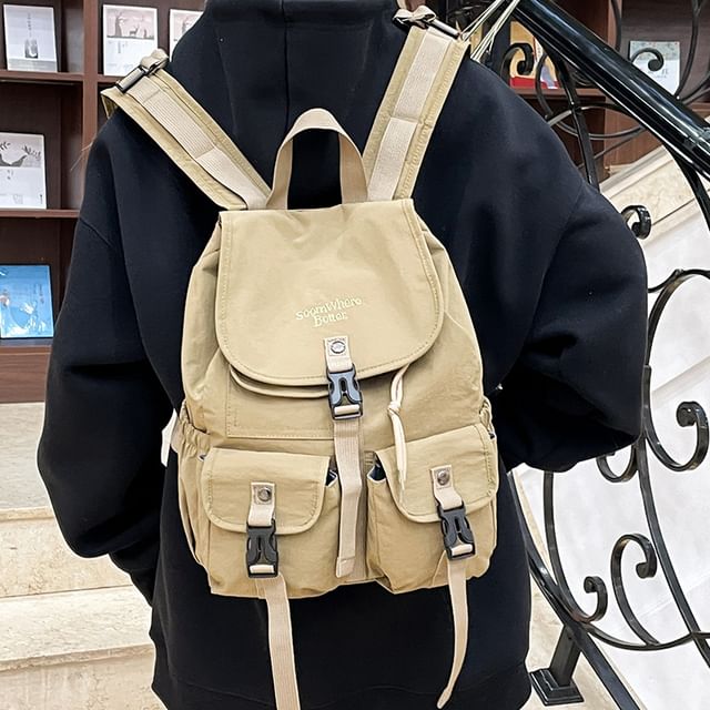 Flap Embroidered Nylon Backpack Lettering Buckled