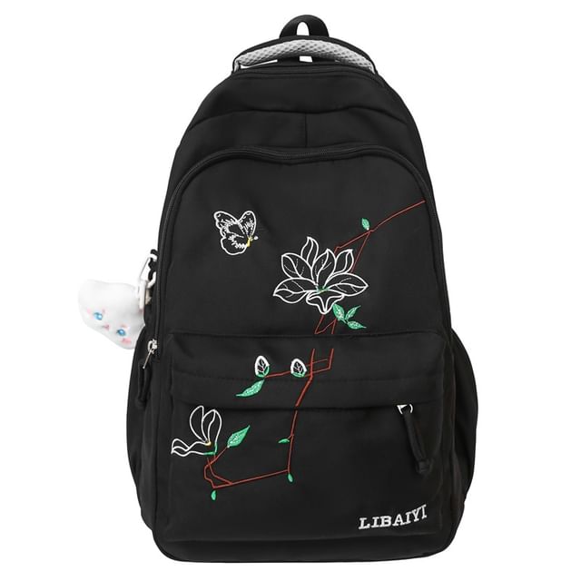 Backpack Nylon Charm Embroidered Laptop Floral Bag Set /