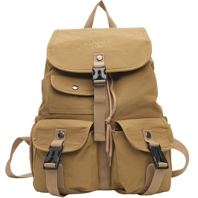 Flap Embroidered Nylon Backpack Lettering Buckled