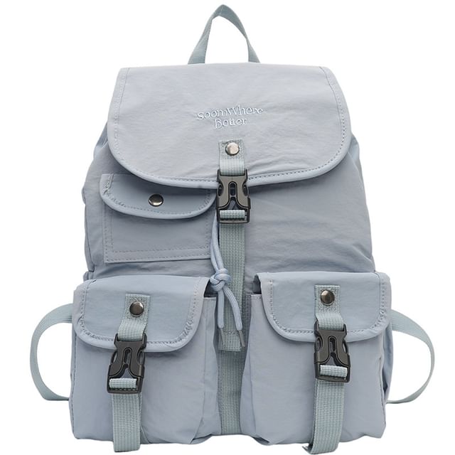Flap Embroidered Nylon Backpack Lettering Buckled