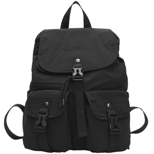 Flap Embroidered Nylon Backpack Lettering Buckled