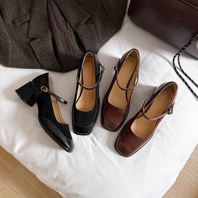 Chunky Mary Plain Pumps Leather Jane Square Heel Faux Toe Panel