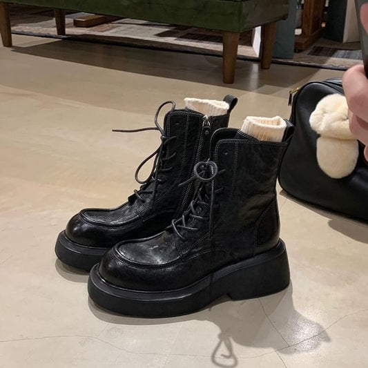 Boots Faux Leather Plain Lace-Up Short Platform