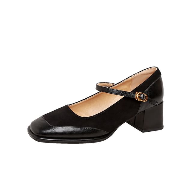 Chunky Mary Plain Pumps Leather Jane Square Heel Faux Toe Panel