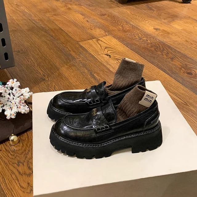 Plain Faux Penny Leather Loafers Platform