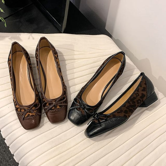 Pumps Accent Panel Heel Print Bow Leopard Faux Brogue Low Leather