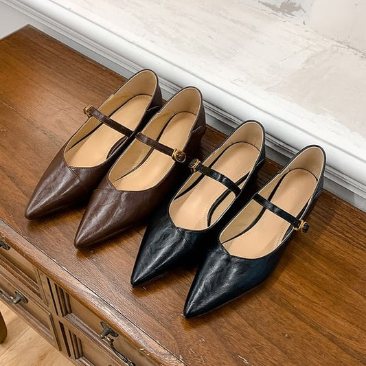 Mary Toe Low Plain Pointed Faux Pumps Jane Leather Heel Buckled