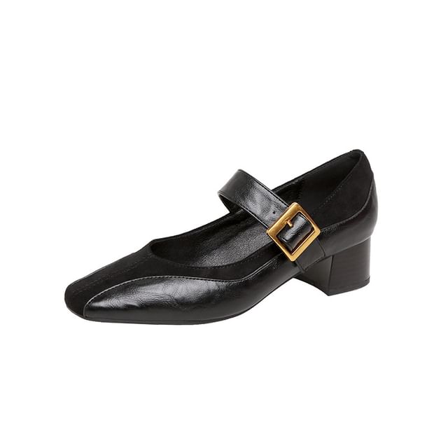Heel Faux Panel Jane Leather Plain Pumps Chunky Mary Buckled