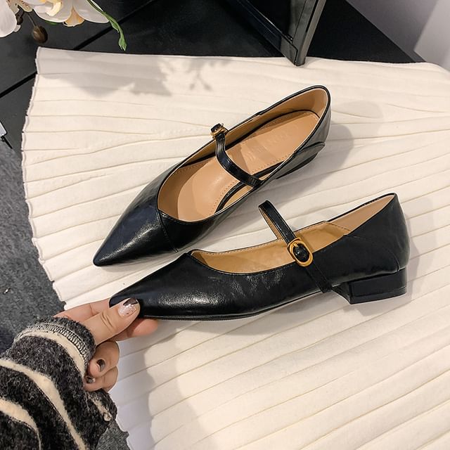 Mary Toe Low Plain Pointed Faux Pumps Jane Leather Heel Buckled