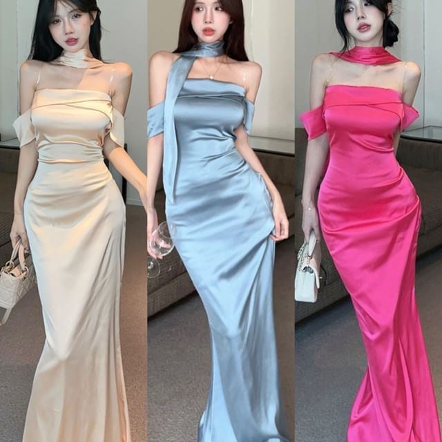 Satin Evening Mermaid Scarf Off-Shoulder Plain Gown + Set: