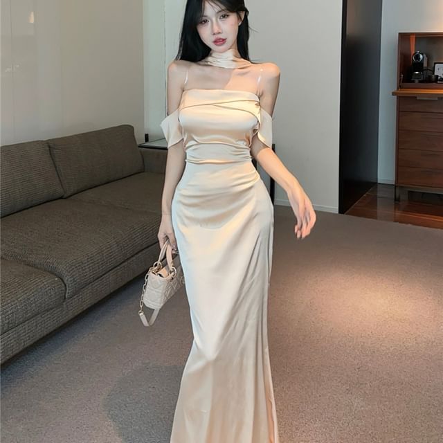 Satin Evening Mermaid Scarf Off-Shoulder Plain Gown + Set: