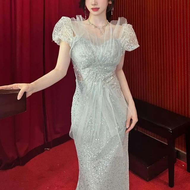 Mermaid Evening Cutout Sequined Puff-Sleeve Gown