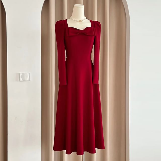 Plain Evening Long-Sleeve Square-Neck Gown Bow A-Line