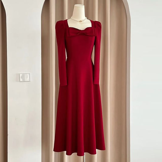 Plain Evening Long-Sleeve Square-Neck Gown Bow A-Line