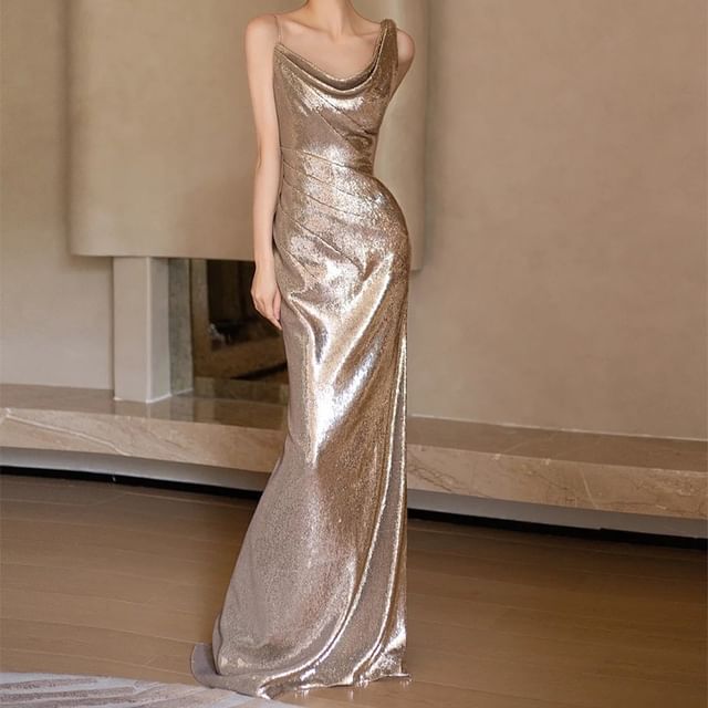 Mermaid Evening Spaghetti Gown Sequined Asymmetrical Strap