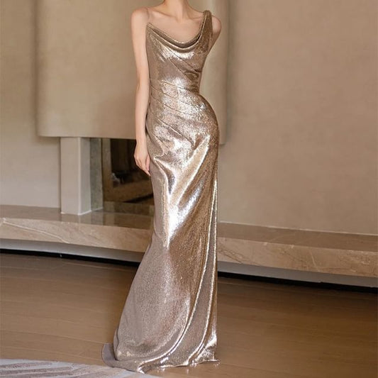 Mermaid Evening Spaghetti Gown Sequined Asymmetrical Strap