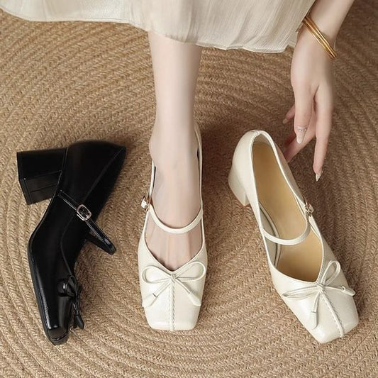 Jane Mary Square Bow Toe Heel Block Pumps