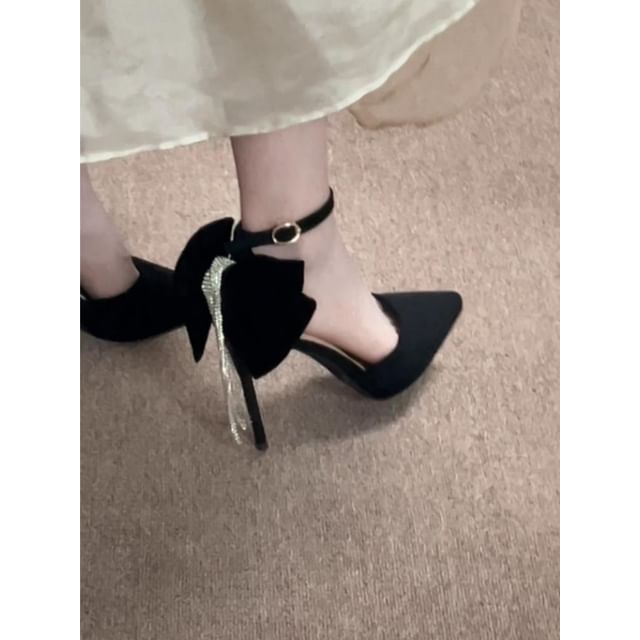 Velvet Ankle Toe Strap Fringe Pointed Bow Rhinestone Platform
