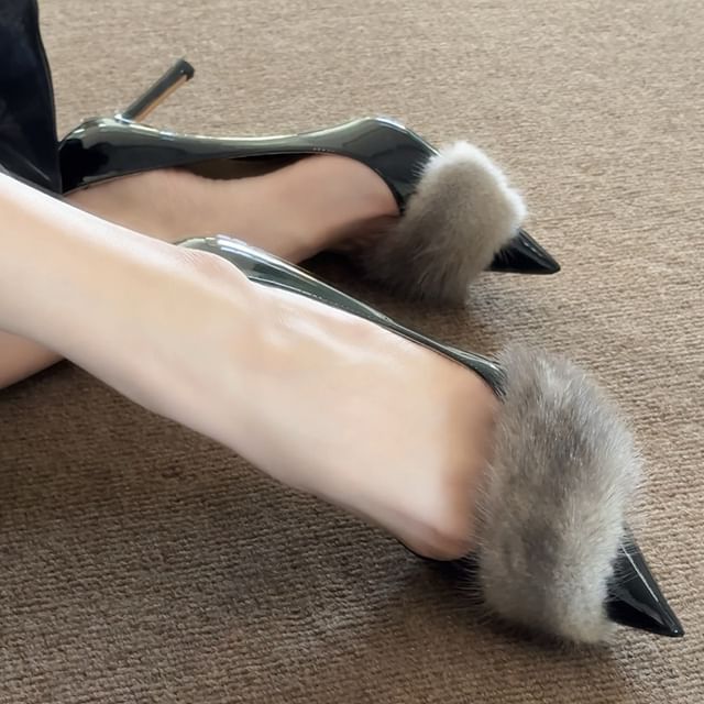 Patent Stiletto Leather Panel Pointed Fur Pumps Toe Faux