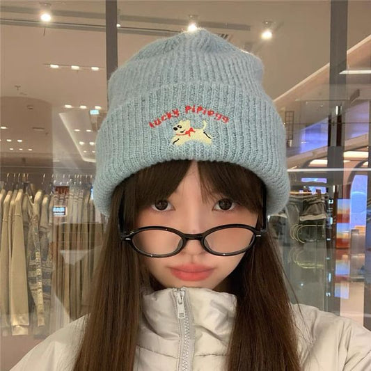 Knit Embroidered Dog Beanie