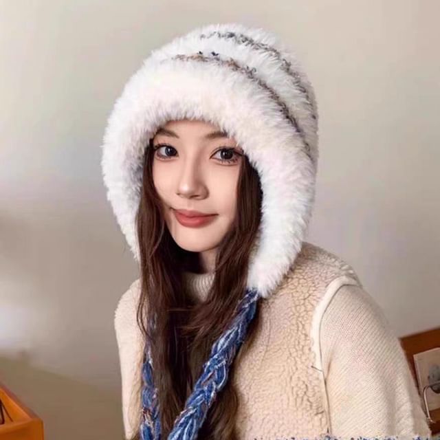 Trapper Knit Striped Hat Fluffy