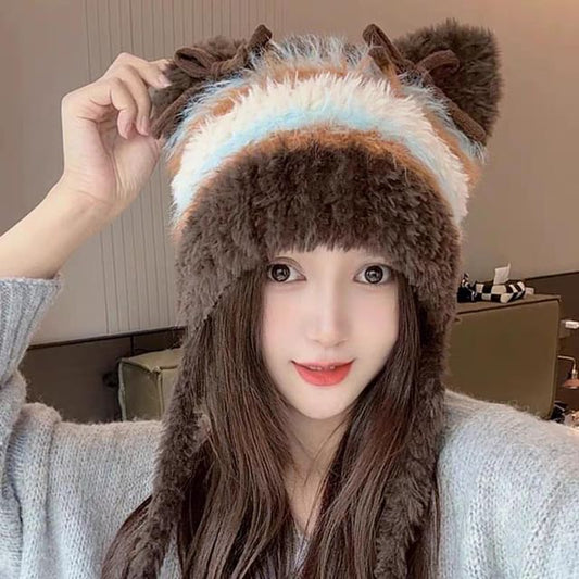 Knit Bow Beanie Cat Ear Fluffy