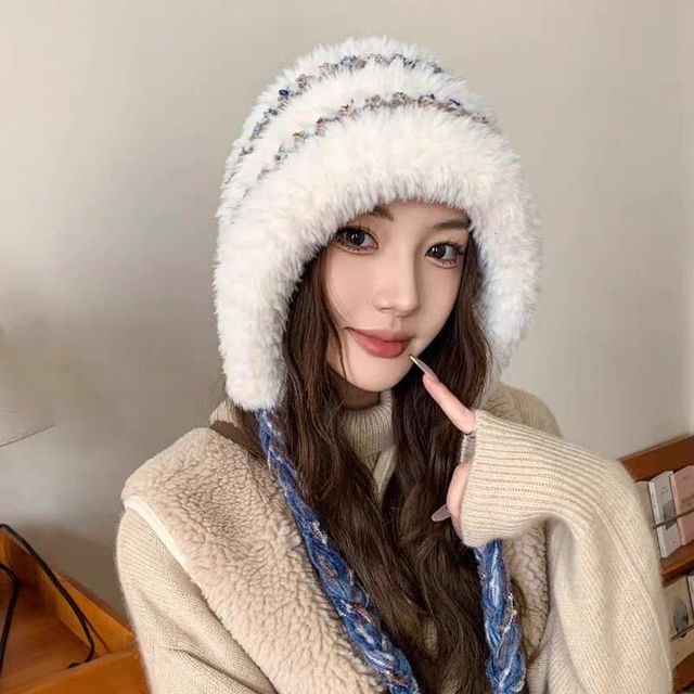 Trapper Knit Striped Hat Fluffy