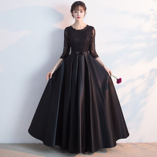 3/4 Neck Lace Satin Evening Panel A-Line Sleeve Bow Gown Round Plain