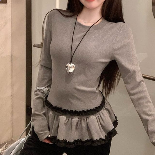 Long-Sleeve Top Plain Crewneck Ruffle