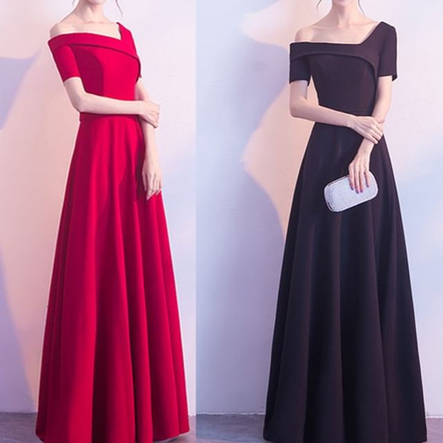 A-Line Asymmetrical Short-Sleeve Evening Plain Gown