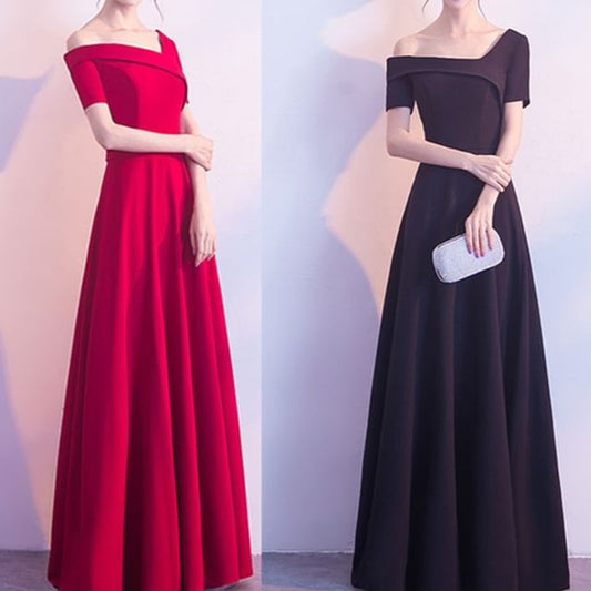 A-Line Asymmetrical Short-Sleeve Evening Plain Gown