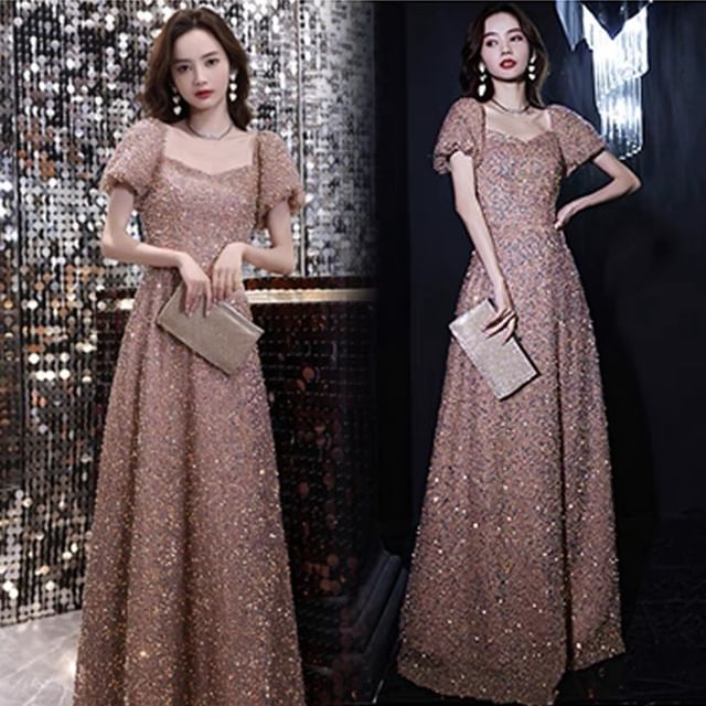 Evening Sequin A-Line Gown Neckline Short-Sleeve Sweetheart