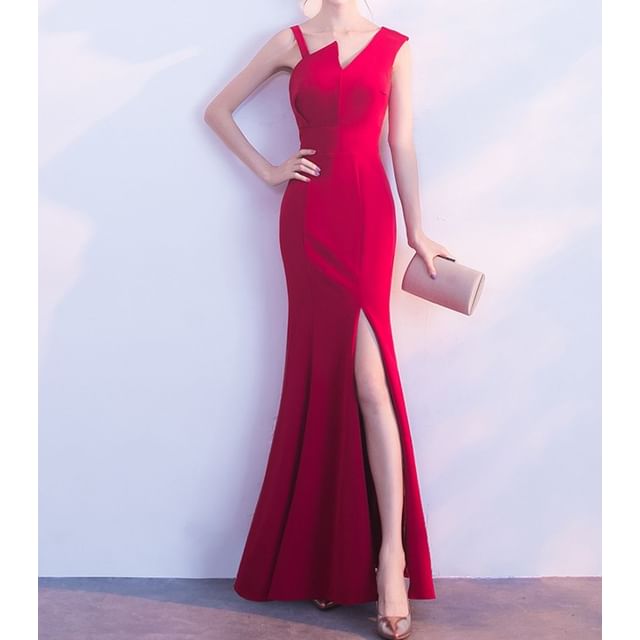 Evening Sleeveless Plain Asymmetrical Gown Mermaid