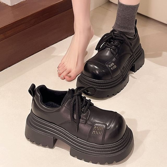 Faux Shoes Plain Leather Platform Lace-Up