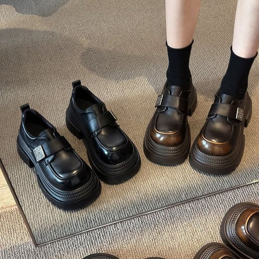 Platform Strap Shoes Accent Faux Adhesive Leather Metal