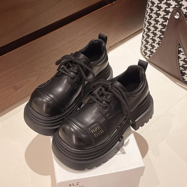 Faux Shoes Plain Leather Platform Lace-Up