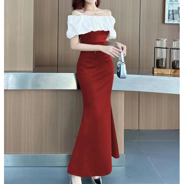 Gown Ruffle Off-The-Shoulder Two Trim Evening Tone Mermaid